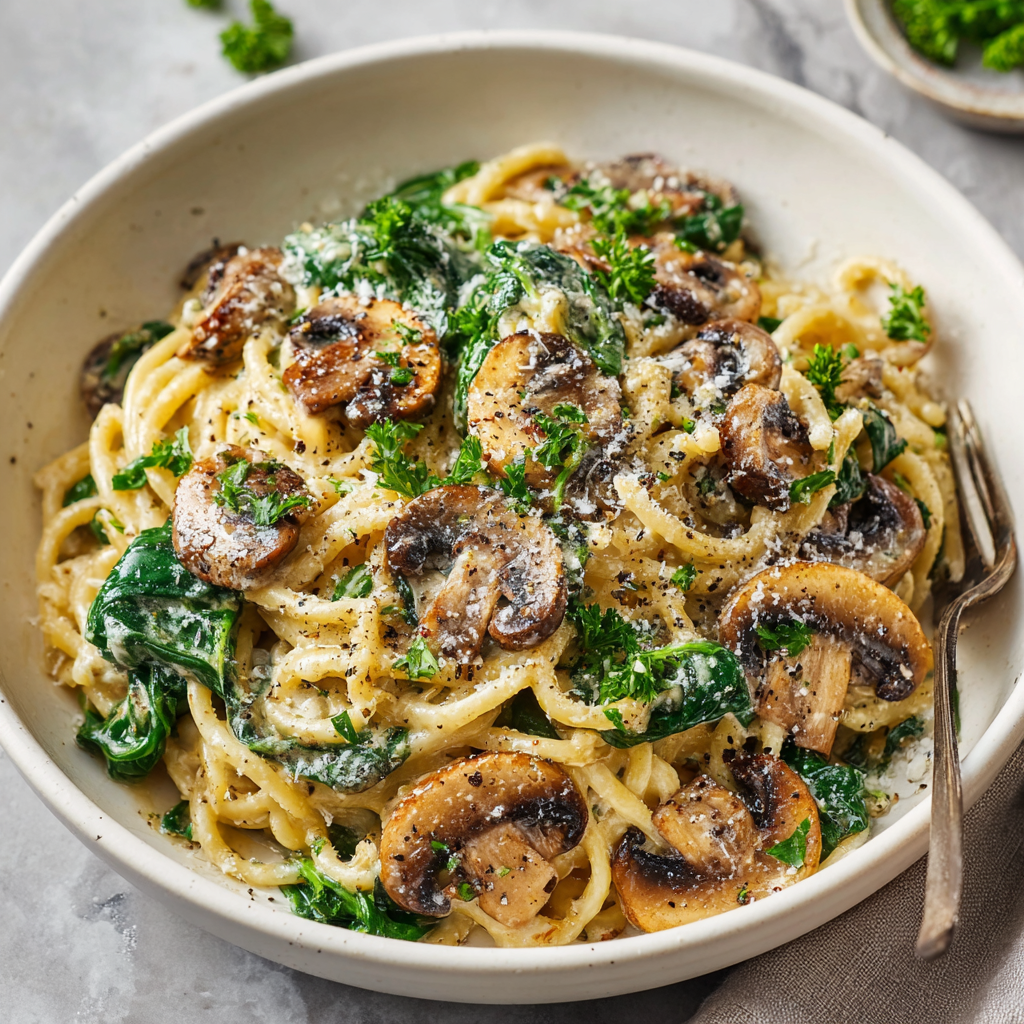 One-Pot Garlic Parmesan Pasta with Spinach and Mushrooms