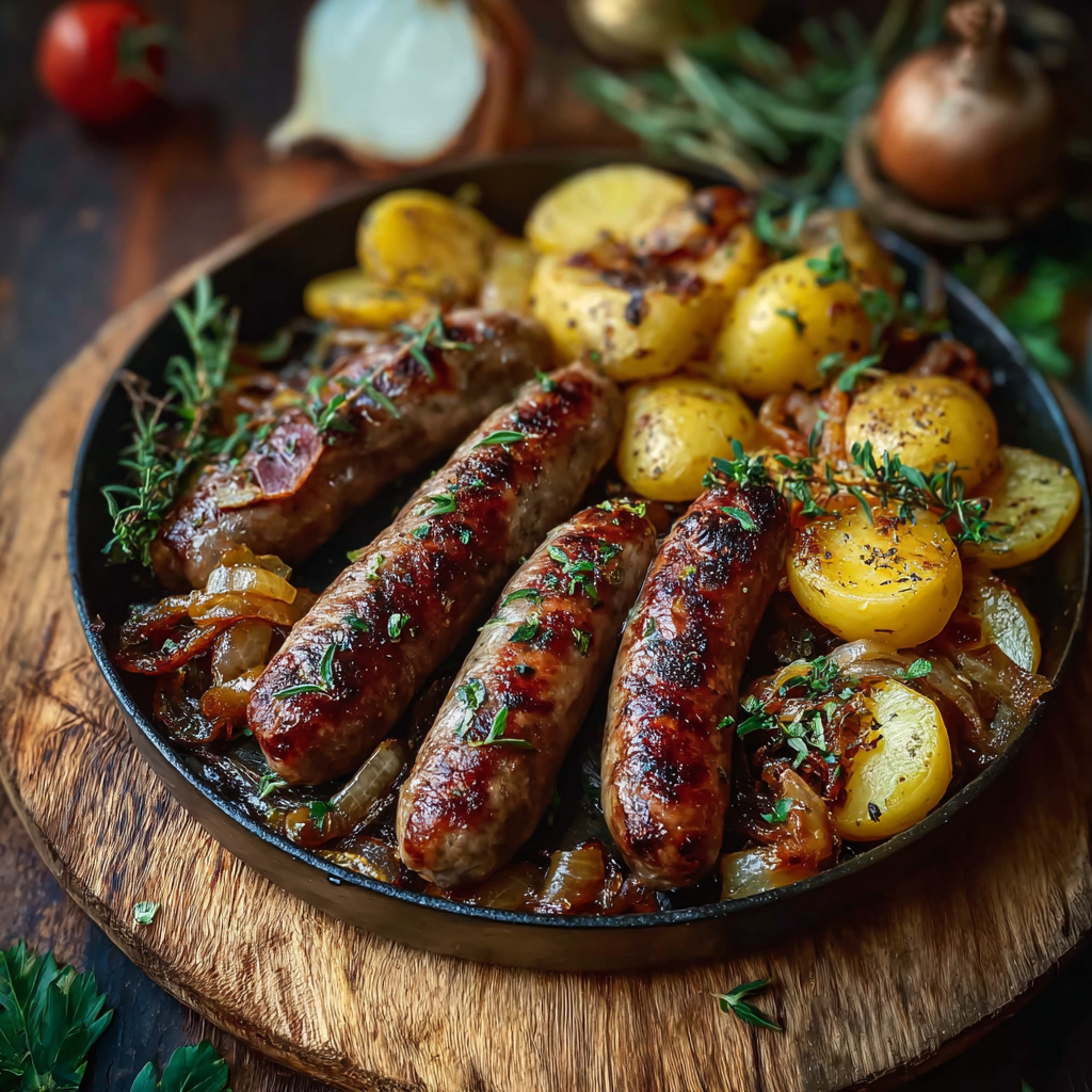 Artisanal Oven-Baked Medley: Premium Sausages, Beef, and Root Vegetables