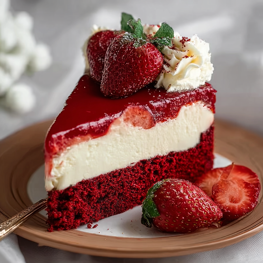 The Grand Finale: Artisanal Red Velvet Strawberry Cheesecake