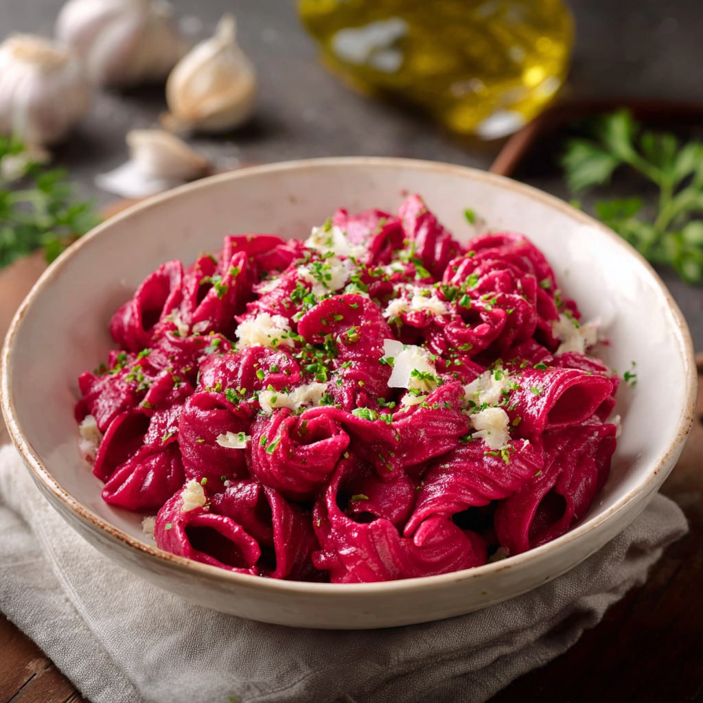 Beet Sauce Pasta (Hot Pink Vegan Pasta With Garlic, Walnuts &#038; Goat Cheese)