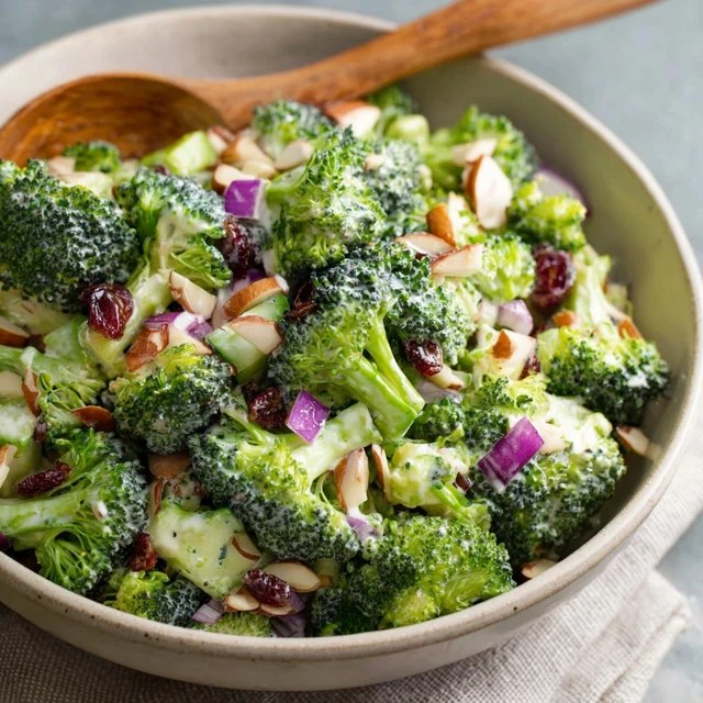 Broccoli Salad With Almonds (Raw Broccoli, Bacon, Dried Cranberries, Almonds, Creamy Dressing, 20 Min)