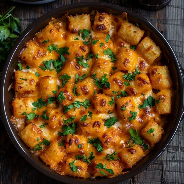Cheesy Tater Tot Casserole (Ground Beef, Cheddar, Tater Tots, Cream of Mushroom, 1 Hr)