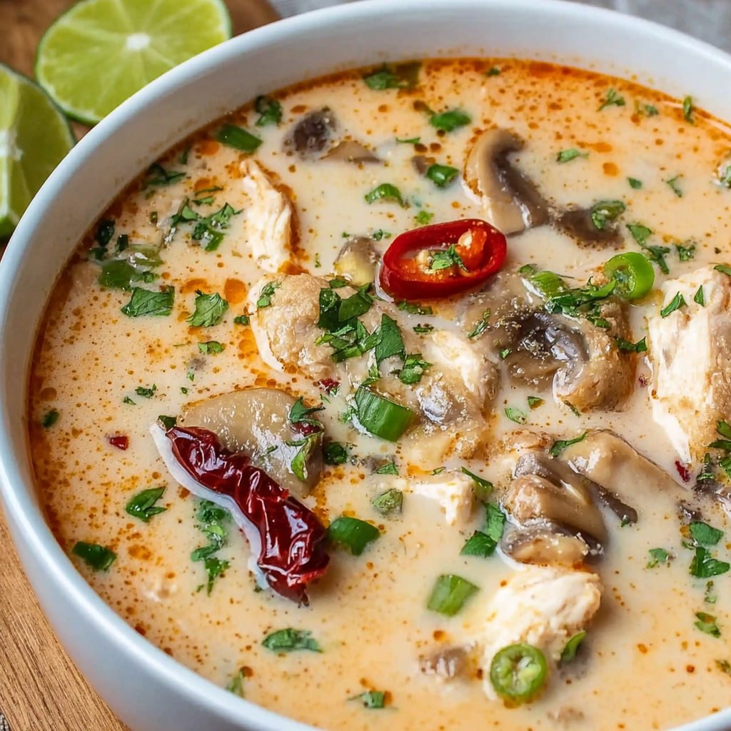 Close-up of tom kha gai showing white coconut broth, sliced shiitake mushrooms, galangal coins, kaffir lime leaves, red chili oil floating on top