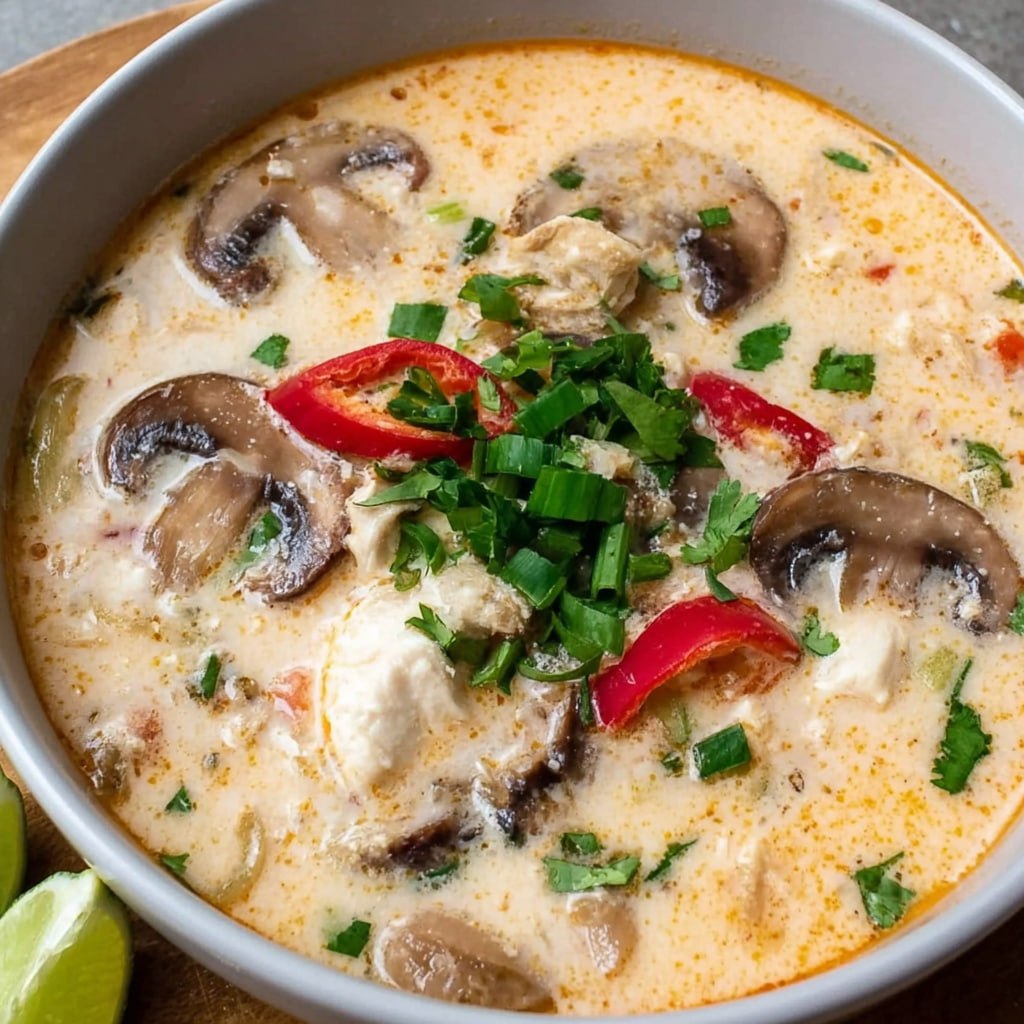 Slow cooker tom kha gai soup in a deep bowl, creamy coconut broth, tender chicken pieces, mushrooms, fresh cilantro and Thai chili, lime wedge on the rim, soft natural light