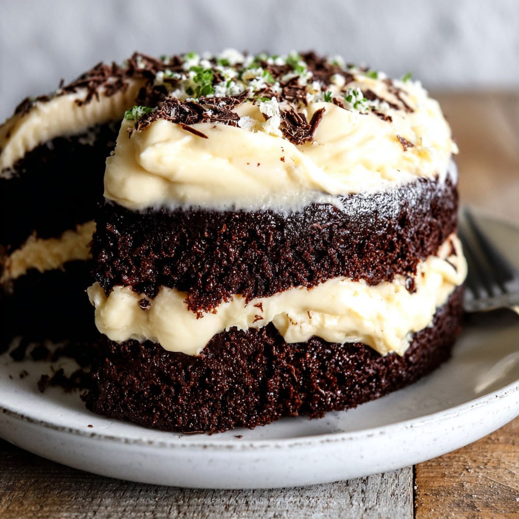 Guinness chocolate cake on a glass cake stand, dark chocolate layers with thick swirls of pale Bailey's buttercream, sprinkle of cocoa powder on top, slice cut showing moist crumb