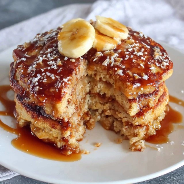 Stack of fluffy oatmeal pancakes on a wooden plate, golden brown edges, pat of butter melting on top, drizzle of maple syrup running down the sides, fresh blueberries scattered around, bright morning light