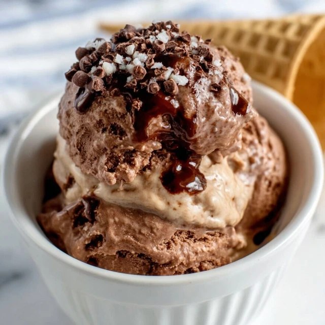 Two scoops of homemade chocolate ice cream in a glass coupe, glossy dark chocolate surface, slight melt drip showing creamy interior, chocolate sauce drizzle and chocolate shavings on top
