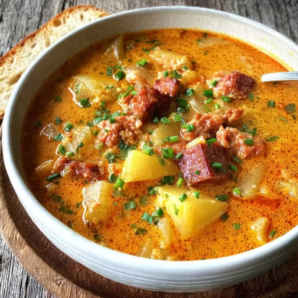Close-up of soup showing chunks of tender potato, ribbons of chorizo, fragments of red bell pepper, glossy paprika-tinted broth, crackled smoked paprika oil on top
