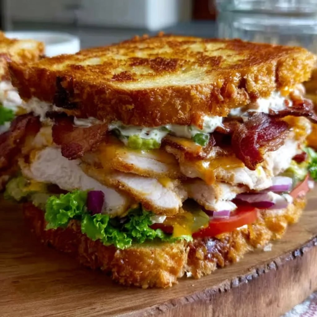 Cross-section close-up of club sandwich showing all visible layers — golden toasted bread, mayo, lettuce, turkey, tomato slices, crispy bacon, avocado, cheese