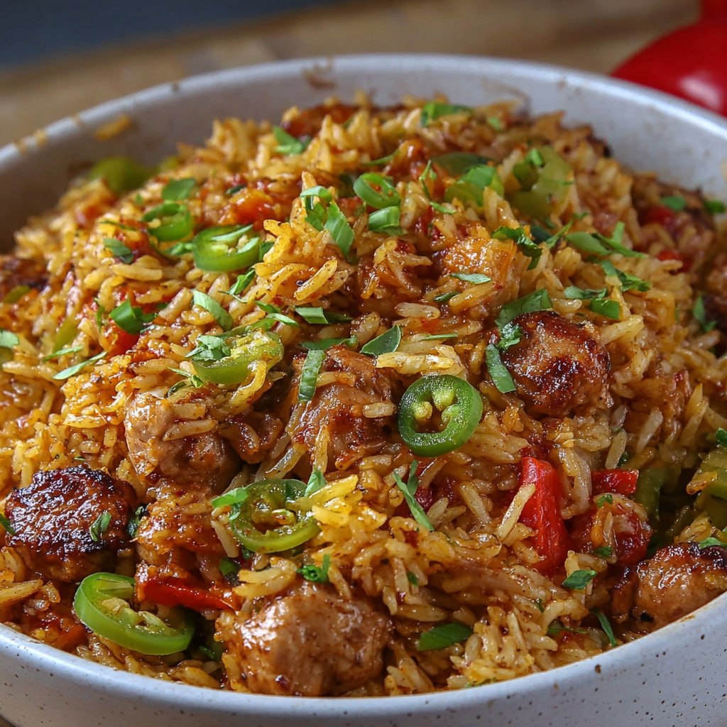 Close-up of skillet showing layers of rice with browned turkey, colored vegetables, melted cheese strands, fresh cilantro on top