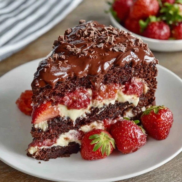 Close-up of cake slice showing three moist chocolate layers, snowy white cream filling, fresh red strawberry slices peeking through, glossy ganache topping