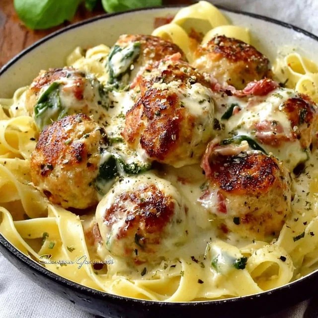 Creamy chicken meatball pasta in a deep skillet, golden chicken meatballs scattered through penne pasta, glossy cream sauce, fresh basil, parmesan grated on top, served with crusty bread on the side