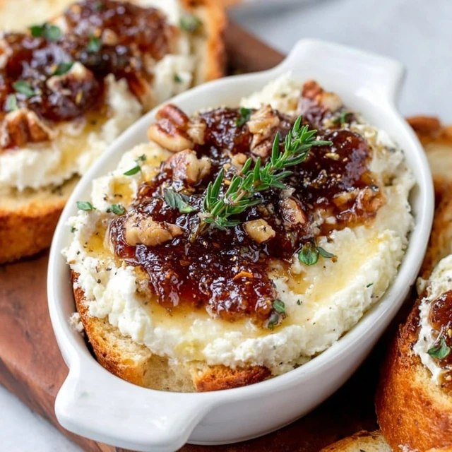 Goat cheese toasts with jam arranged on a wooden board, golden crispy baguette crostini topped with creamy white goat cheese, jewel-toned red fig jam dollops, fresh thyme sprigs, honey drizzle, served with white wine