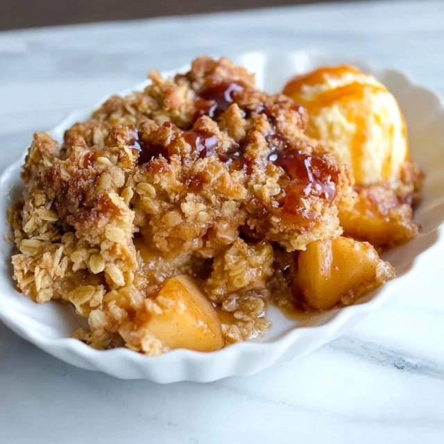 Apple crisp in a baking dish with golden bubbly streusel topping over cinnamon apples, scoop of vanilla ice cream melting on top, caramel drizzle, fall light