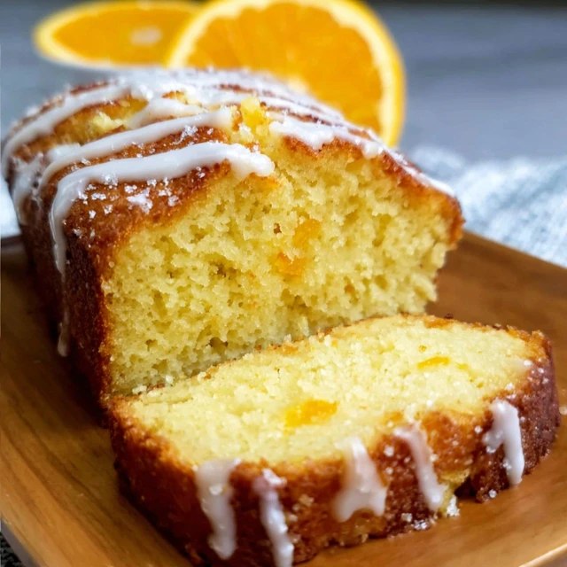 Close-up of pound cake slice showing dense buttery crumb, glossy orange glaze coating on top with drip down side, candied orange peel