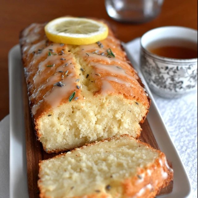 Close-up of cake slice showing tender pale yellow crumb flecked with green rosemary, glossy yellow glaze on top with drip down the side
