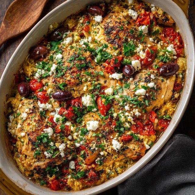 Mediterranean baked chicken thighs in a cast iron skillet, golden crispy skin chicken thighs surrounded by burst cherry tomatoes, kalamata olives, lemon slices, crumbled feta, fresh oregano, glossy pan juices