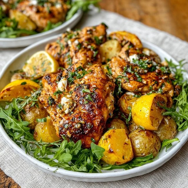 Lemon herb chicken and potatoes on a sheet pan, golden roasted bone-in chicken thighs, crispy quartered baby potatoes, lemon slices, fresh thyme and rosemary sprigs, garlic cloves, glossy pan juices