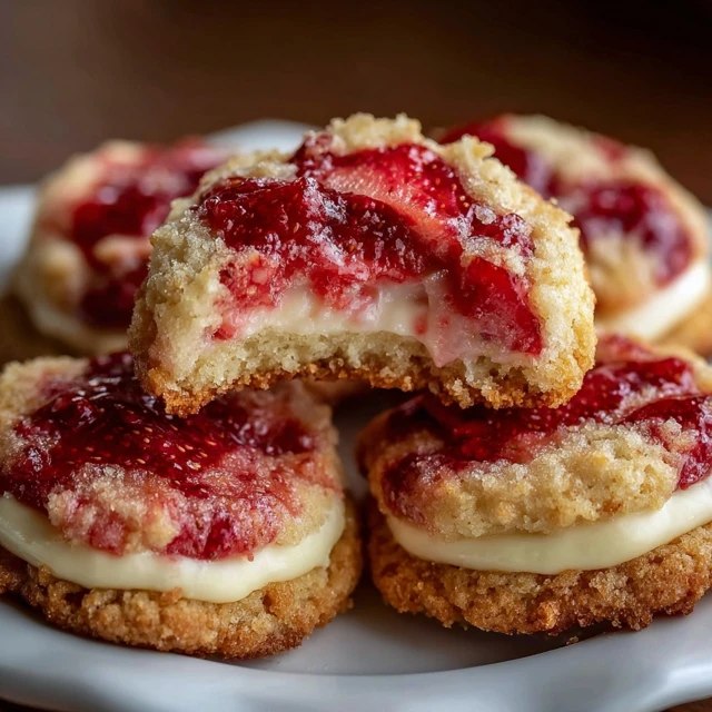 Close-up of one cookie broken in half showing a tender cakey crumb and a pocket of bright raspberry jam