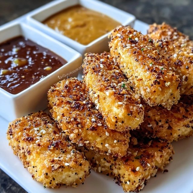 Pile of golden crispy tofu nuggets with a crunchy breadcrumb coating, one bitten to show the tender white tofu inside, small bowl of dipping sauce, parsley garnish