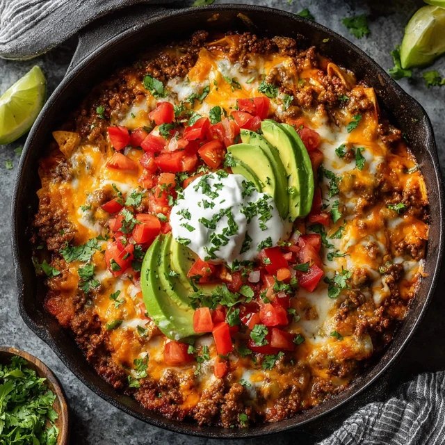 Close-up of a spoon scooping cheesy taco beef and rice with stretchy melted cheese and colorful toppings