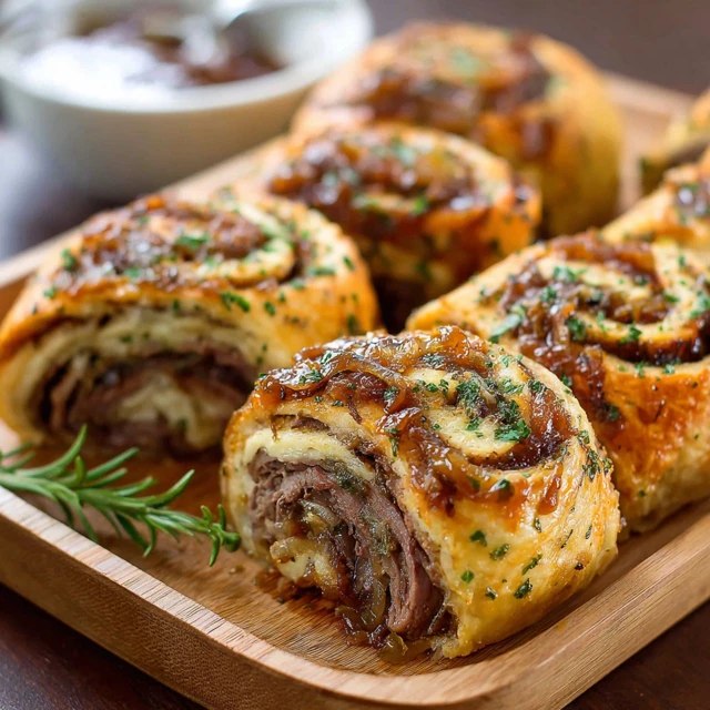 Beef Wellington pinwheels on a platter, golden puff pastry spirals filled with mushroom duxelles and steak, flaky layers, garnished with fresh thyme