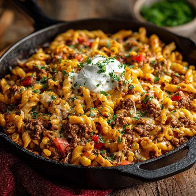 Cheesy beef pasta skillet, short pasta and ground beef in a creamy tomato sauce topped with melted cheese and parsley, served in a cast iron pan