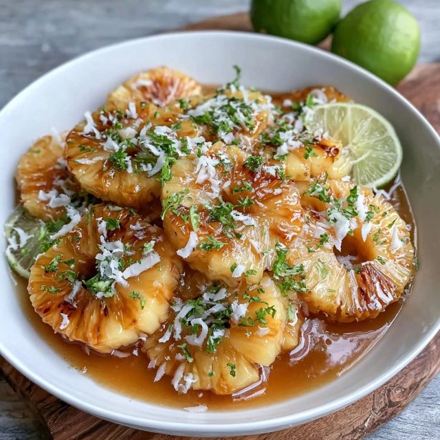 Close-up of juicy pineapple pieces coated in creamy coconut dressing with flecks of toasted coconut and fresh mint