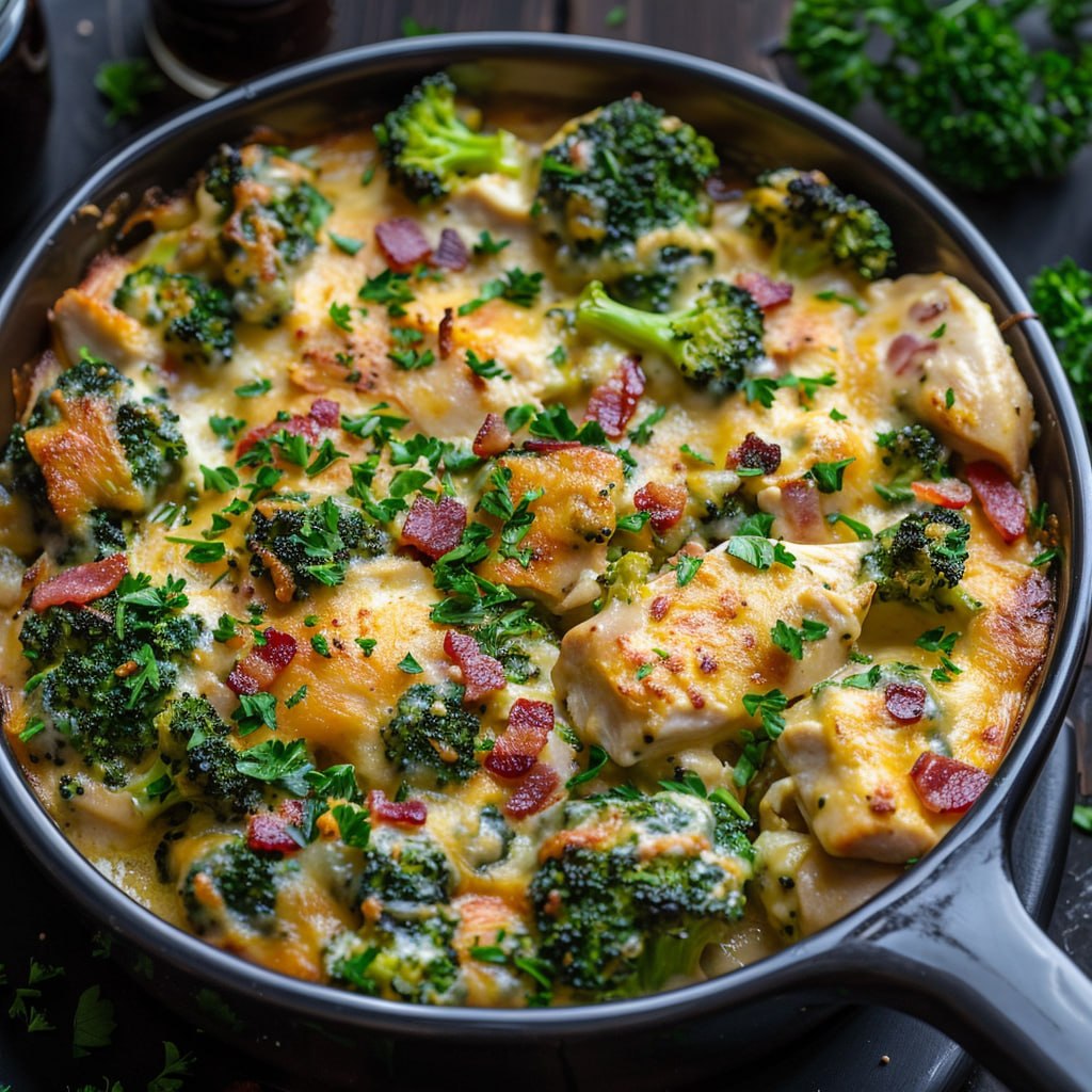 Cheesy chicken broccoli casserole overhead in a baking dish, golden bubbly cheddar top, chunks of chicken, bright green broccoli, creamy rice, crispy turkey bacon bits, dish fills the frame