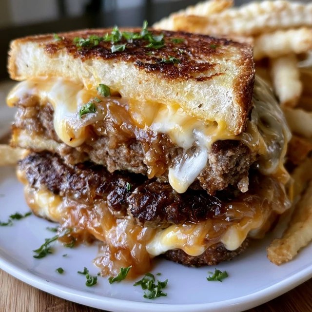 Close-up of the grilled cheese burger showing the crispy golden bread, gooey melted cheese and thick beef patty stacked together