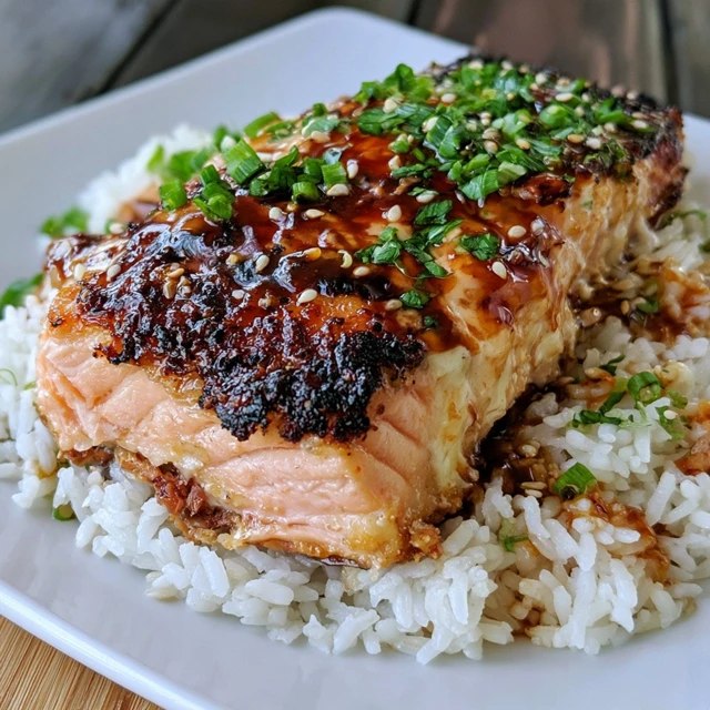 Close-up of flaky teriyaki salmon coated in a shiny dark sticky glaze sprinkled with sesame seeds over fluffy rice