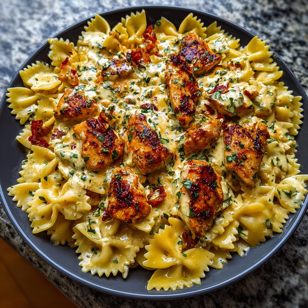 Garlic Butter Chicken Bowties with Mozzarella Cream Sauce