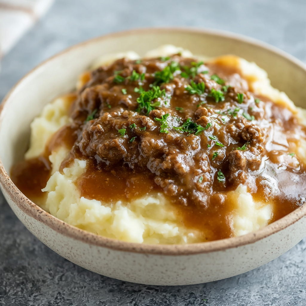 Ground Beef and Gravy Over Mashed Potatoes
