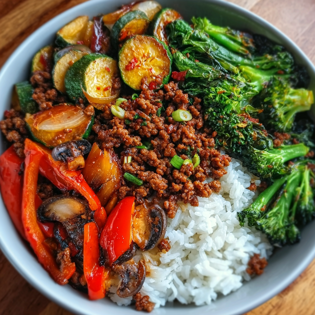 Spicy Ground Beef Stir-Fry Bowl with Garlic Veggies &#038; Steamy Rice