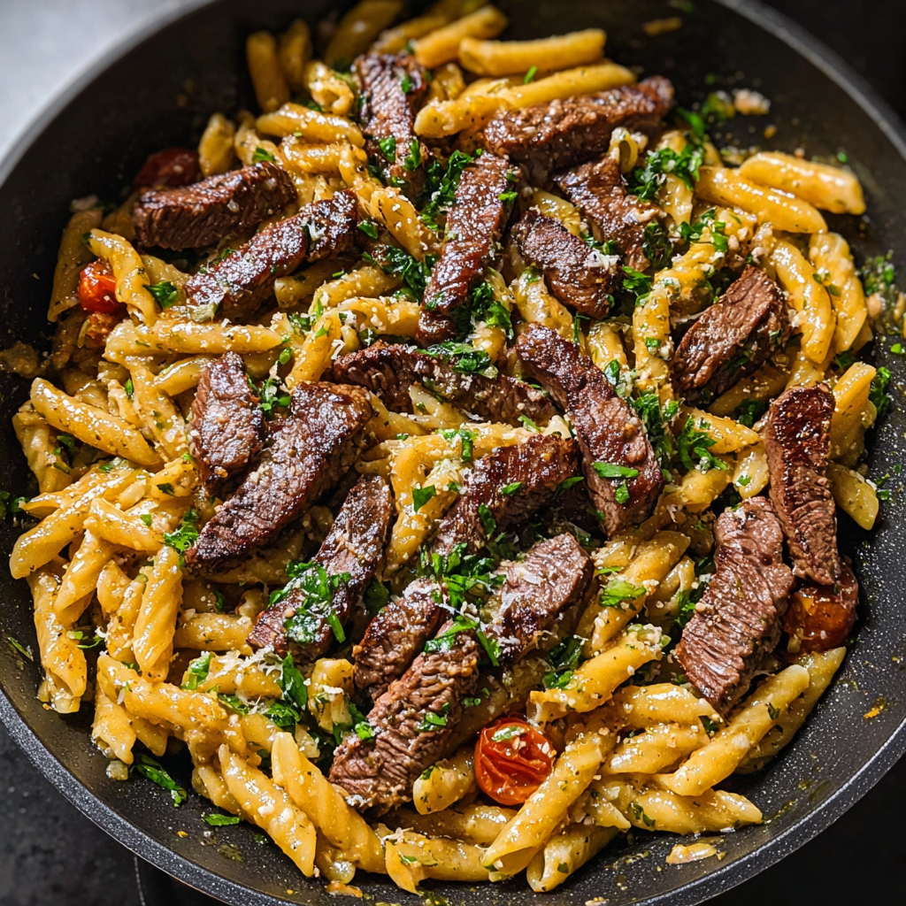 One-Skillet Spicy Garlic Butter Parmesan Steak Pasta