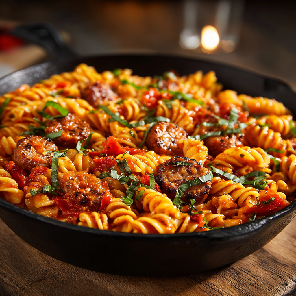 One-Skillet Spicy Honey BBQ Sausage &#038; Pasta
