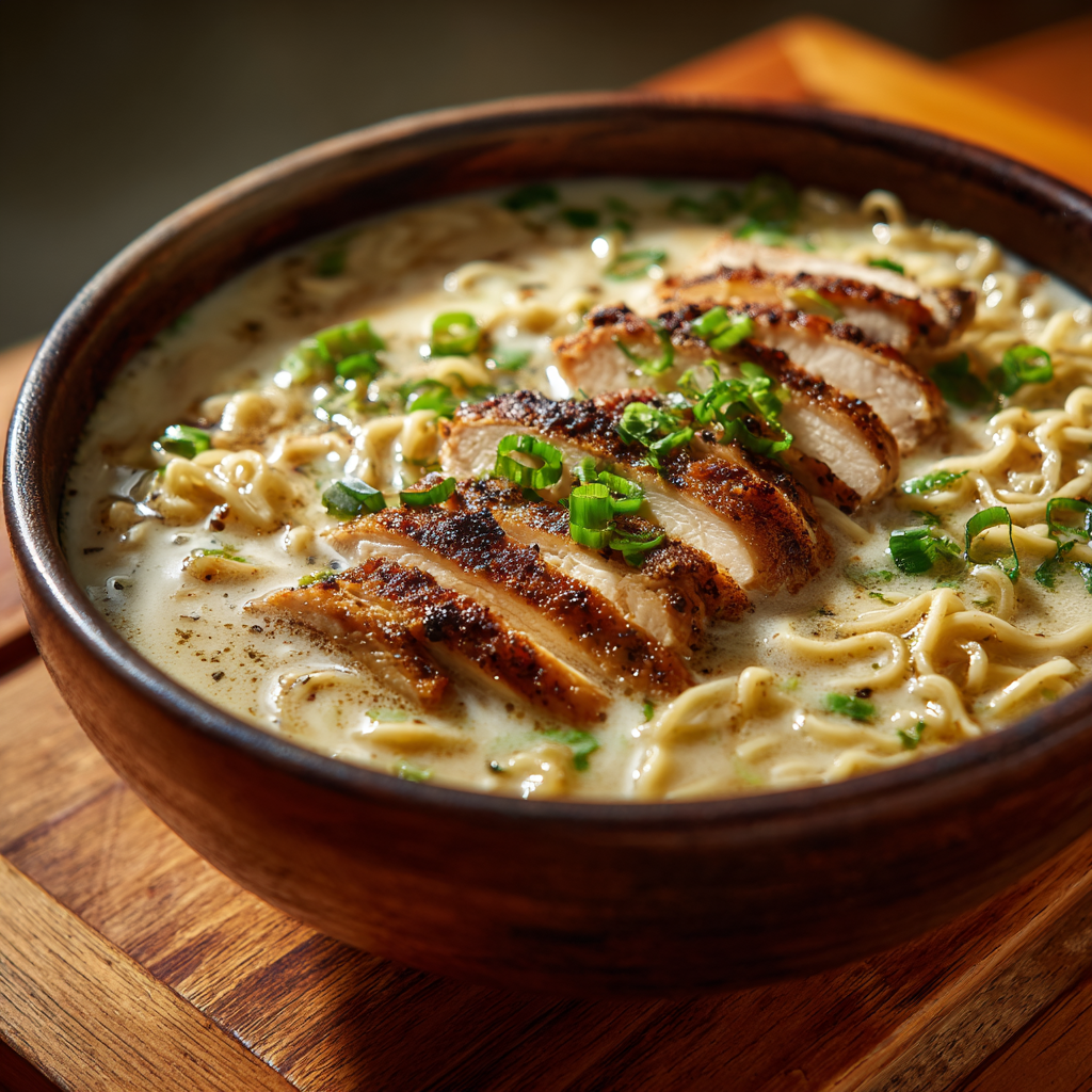Fiery Chicken Ramen with Creamy Garlic Sauce