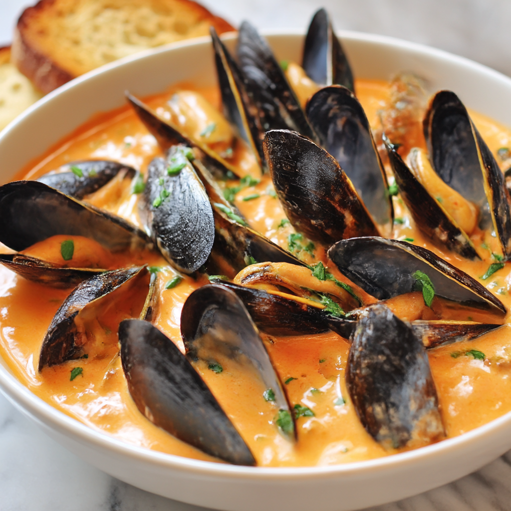 Steamed Mussels in Tomato Cream Sauce