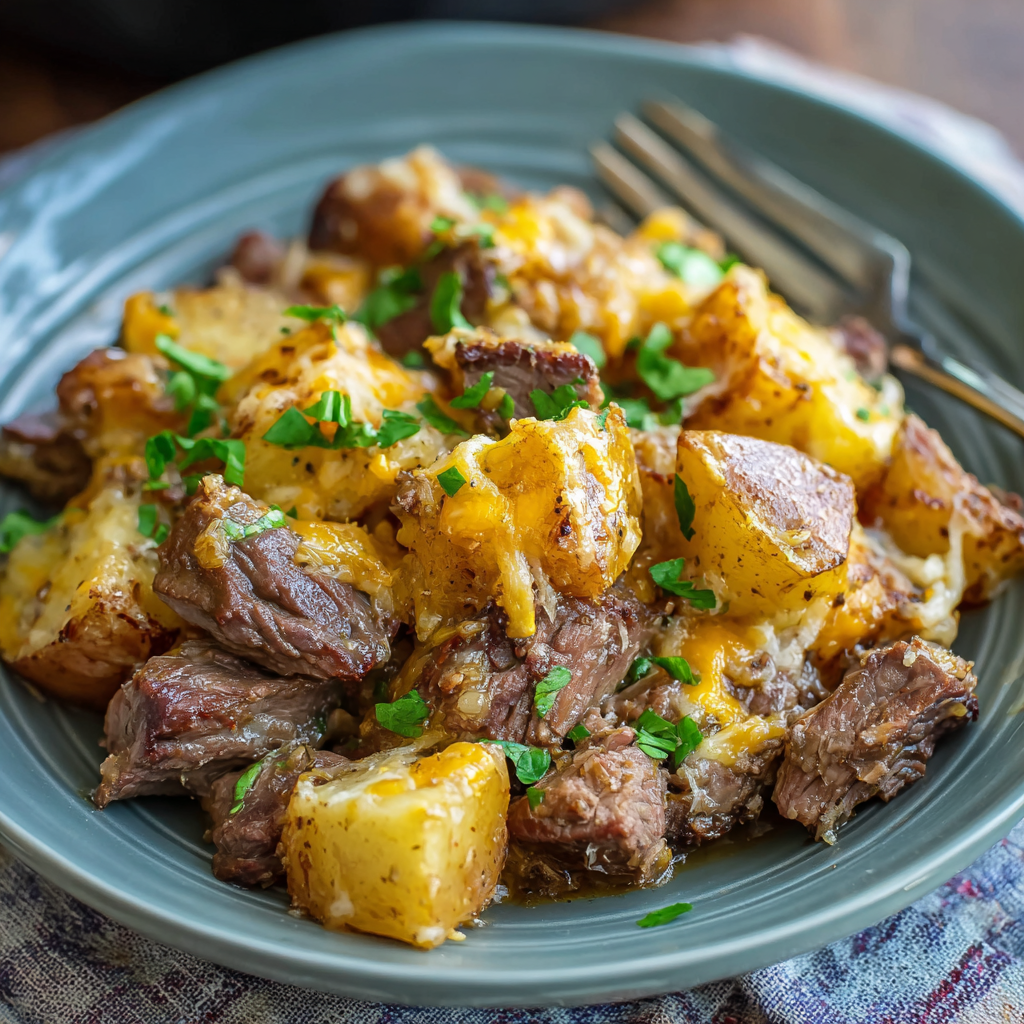 Slow Cooker Steak and Cheddar Potato Casserole