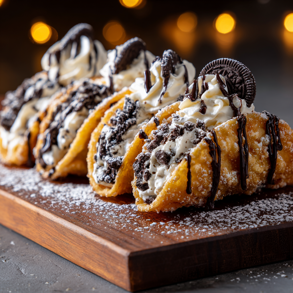 Oreo Crunch Cheesecake Tacos – Easy Dessert with Chocolate Drizzle