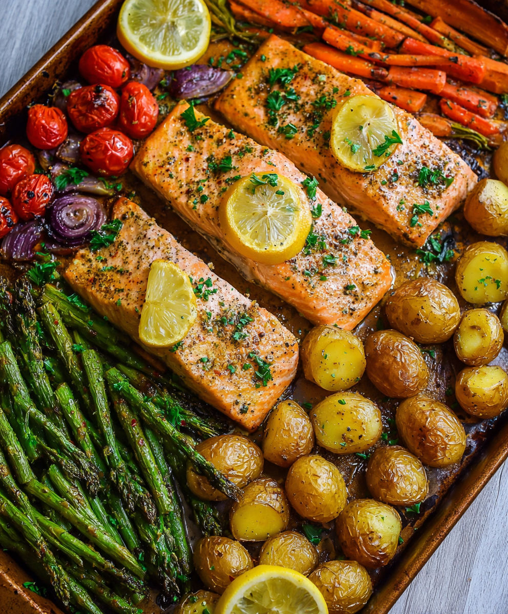 Sheet Pan Salmon and Potatoes with Veggies