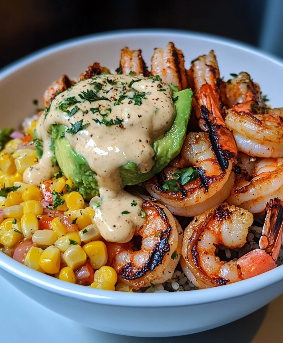 Grilled Shrimp Bowl with Avocado, Corn Salsa &#038; Creamy Garlic Sauce