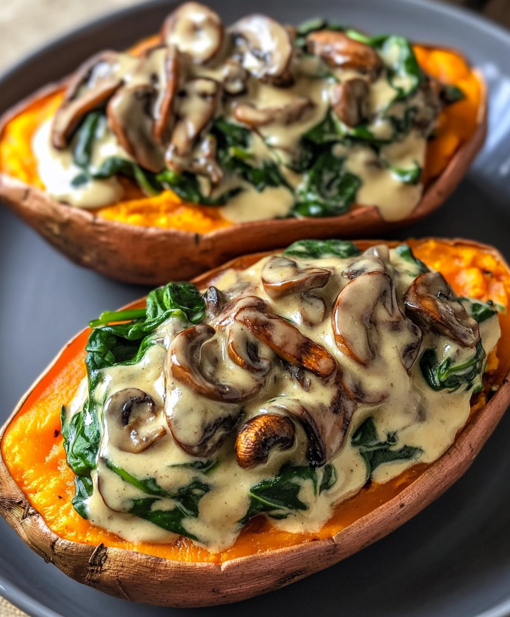 Creamy Mushroom and Spinach Stuffed Sweet Potatoes