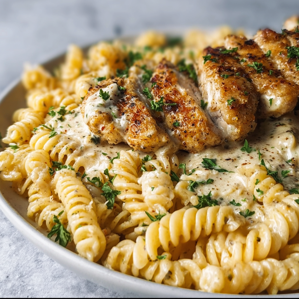 Creamy Garlic Parmesan Chicken with Cheesy Twisted Pasta: The Ultimate Comfort Bowl