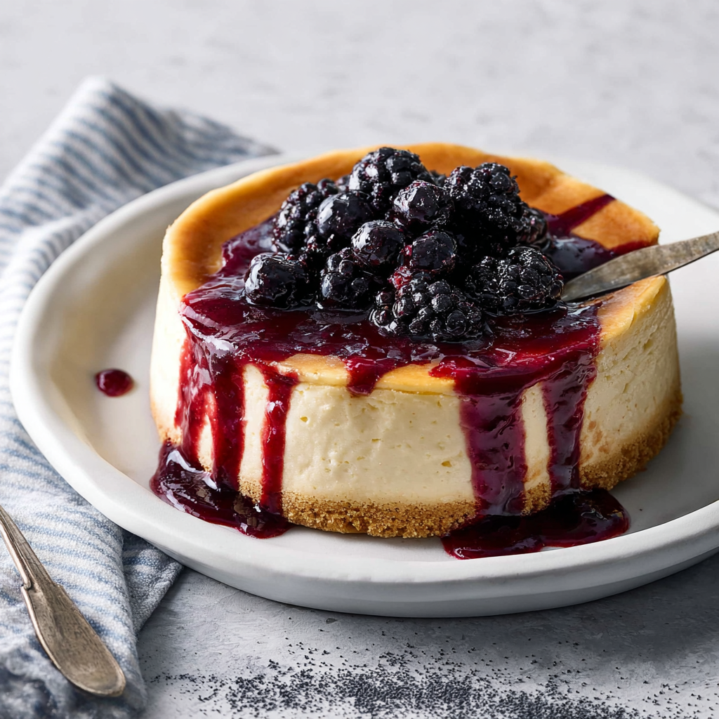 London Fog Basque Cheesecake with Blackberry Sauce