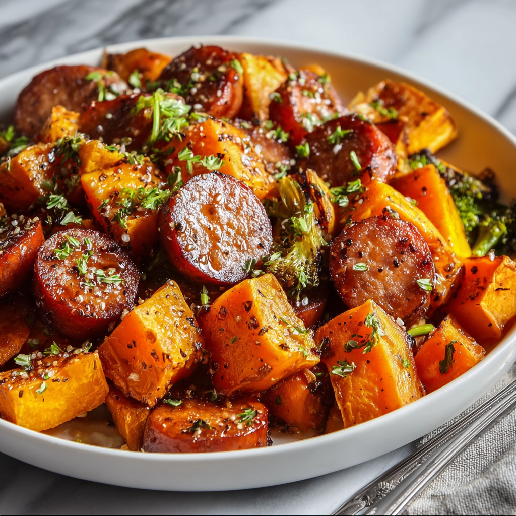 Sheet Pan Sausage and Sweet Potatoes with Honey Garlic Sauce