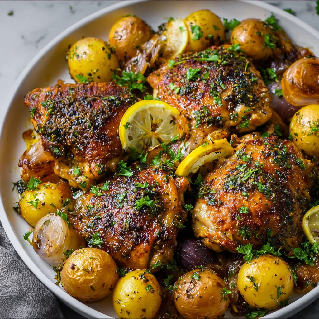 Roasted Mediterranean Chicken Thighs with Crispy Baby Potatoes