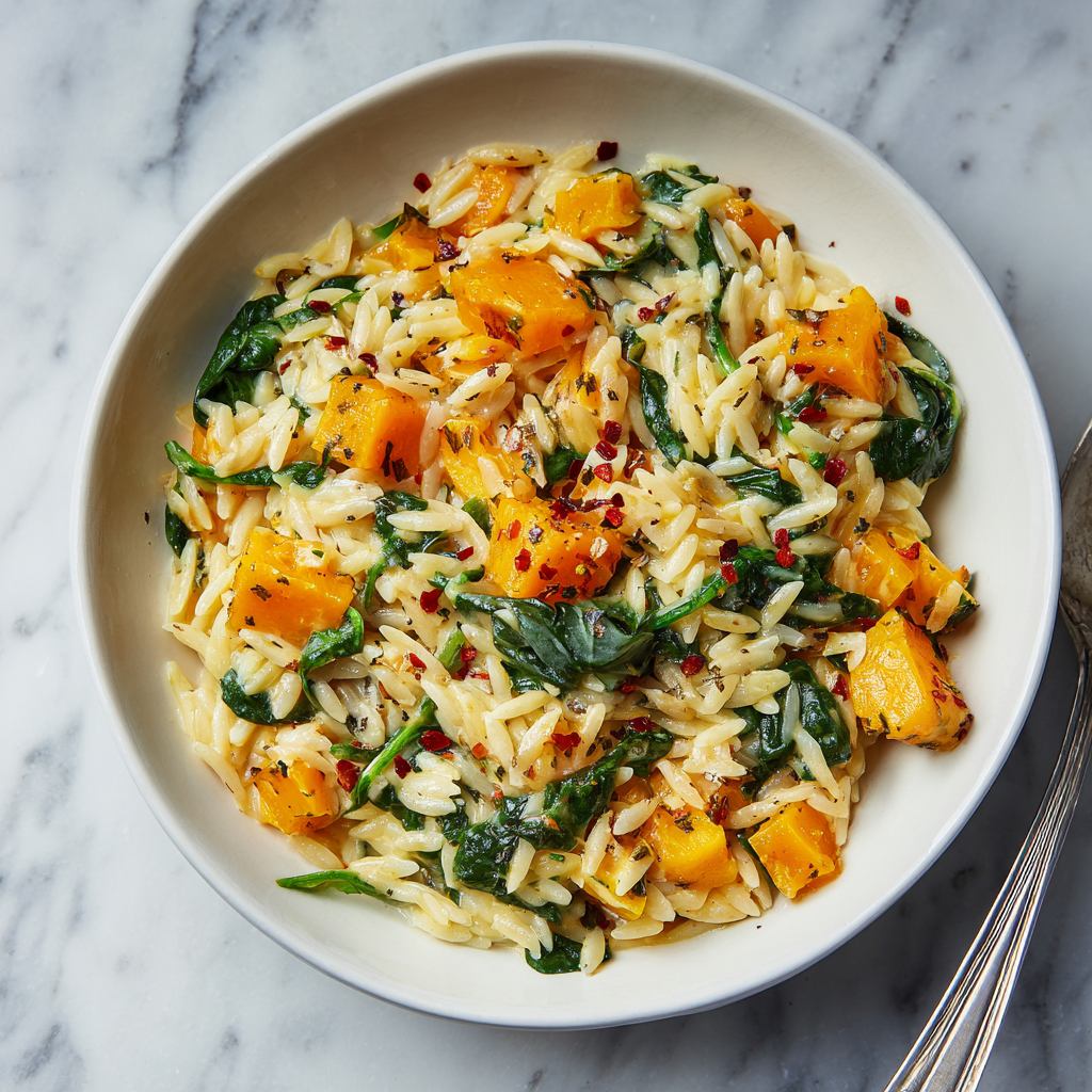 The Ultimate Creamy Orzo with Roasted Butternut Squash and Spinach