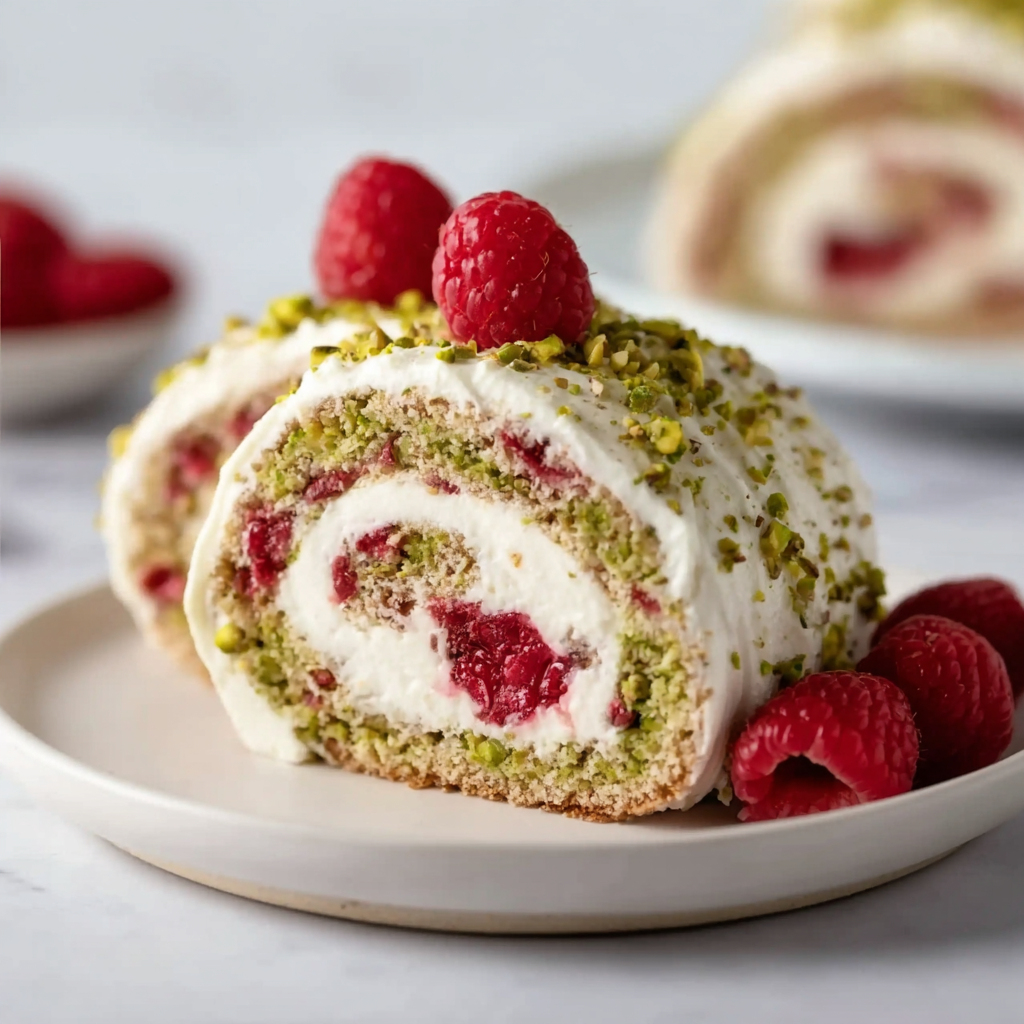 Raspberry Pistachio Swiss Roll with White Chocolate